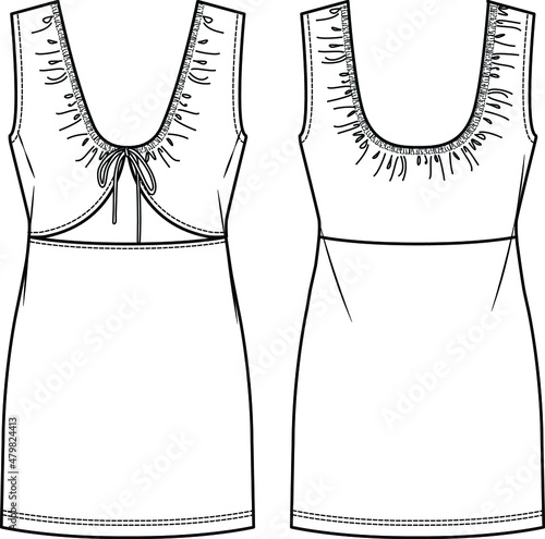 Vector mini dress technical drawing, short summer dress with smocking detail fashion CAD, woman sleeveless dress with V-neck sketch, template. Jersey or woven fabric dress with front, back view, white