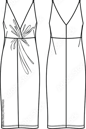 Vector midi dress with knot technical drawing, long summer dress with shoulder straps fashion CAD, woman sleeveless dress with V-neck sketch, template.Jersey or woven fabric dress with front,back view