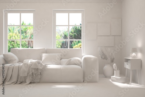 Mock up of stylish room in white color with sofa and green landscape in window. Scandinavian interior design. 3D illustration