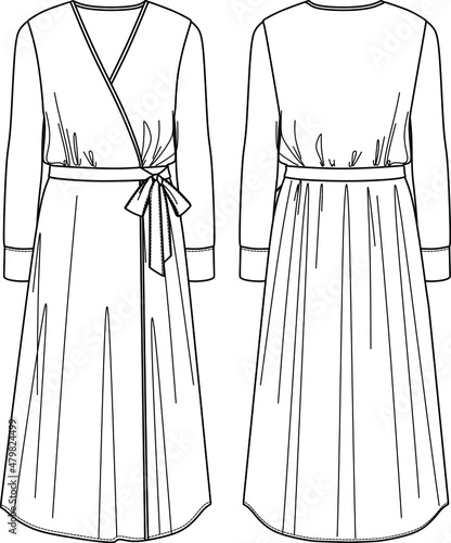Vector wrap long sleeved maxi dress fashion CAD, woman v-neck long dress with bow technical drawing, template, flat, sketch. Jersey or woven fabric dress with front, back view, white color