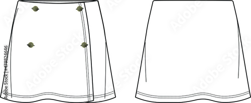 Vector mini skirt fashion CAD, wrapped woman skirt with button detail sketch, template, flat, technical drawing. Jersey or woven fabric skirt with front, back view, white color