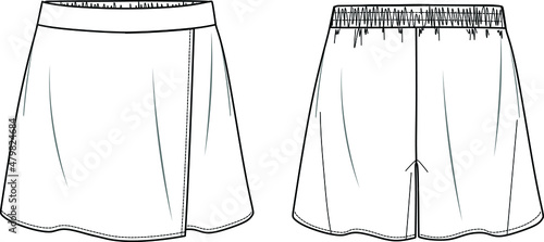 Vector mini skirt short fashion, wrapped woman skort with elasticized waistband sketch, template, flat, technical drawing. Jersey or woven fabric top with front, back view, white color photo