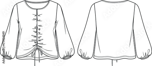 Vector woman round neck blouse with gathering fashion CAD, long balloon sleeved top with smocked detail technical drawing, flat, sketch. Jersey or woven fabric dress with front, back view, white color