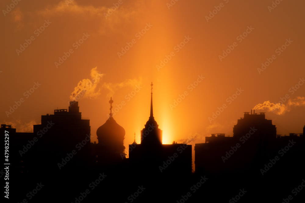 Orthodox church during sunset time background, russian architecture