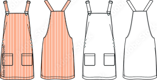Vector dungaree dress fashion CAD, woman mini dress with striped seamless pattern technical drawing, template, flat, sketch, mock up.  Jersey or woven fabric dress with front, back view, white color