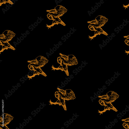 Seamless Halloween animal pattern with flying hunting barn owls. Tyto alba. Hand drawn rough sketches. Orange silhouettes on black background.