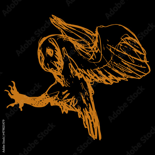Flying hunting barn owl. Tyto alba. Hand drawn doodle rough sketch. Orange silhouette on black background. Halloween animal design.