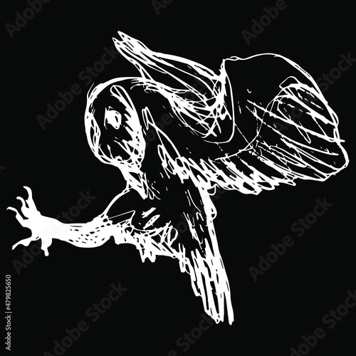 Flying hunting barn owl. Tyto alba. Hand drawn doodle rough sketch. White silhouette on black background. Halloween animal design.	