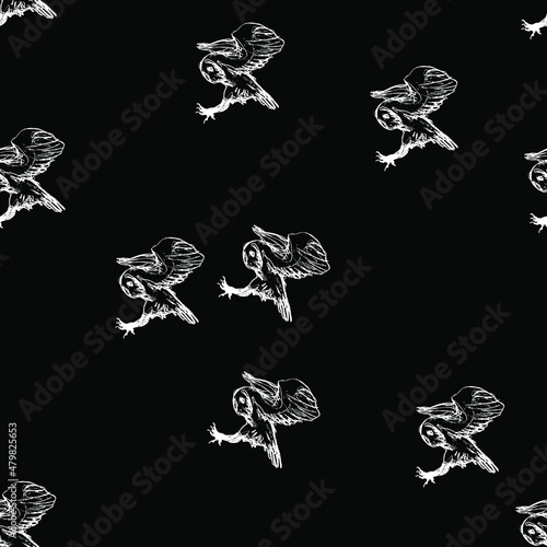 Seamless monochrome animal pattern with flying hunting barn owls. Tyto alba. Hand drawn rough sketches. White silhouettes on black background.	