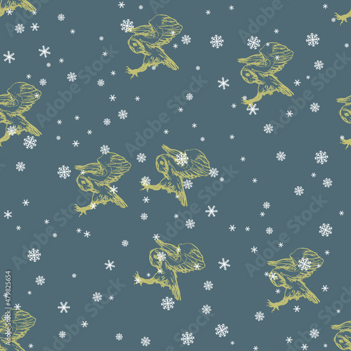 Seamless seasonal animal winter pattern with flying barn owls and snowflakes. Tyto alba.