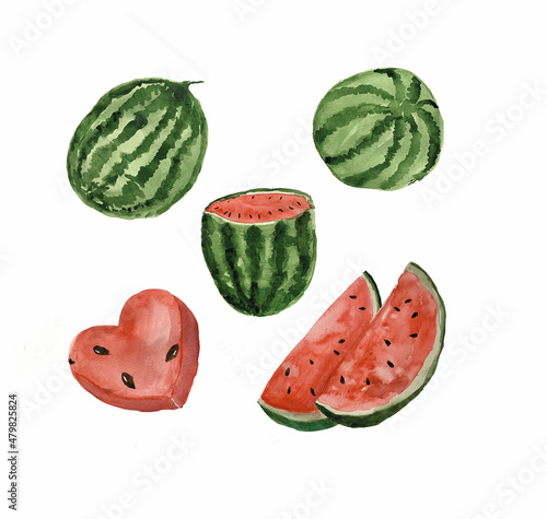 Set of watercolor watermelons on a white background. Hand drawn watercolor painting.