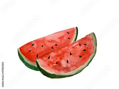 Hand drawing watercolor painting sliced bright red fleshy watermelon with black seeds isolated on white background. Watercolor hand painted illustration. two slices of watermelon