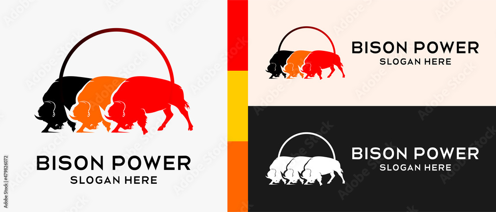 3 bison logo design template with silhouette in modern and trendy style. premium vector