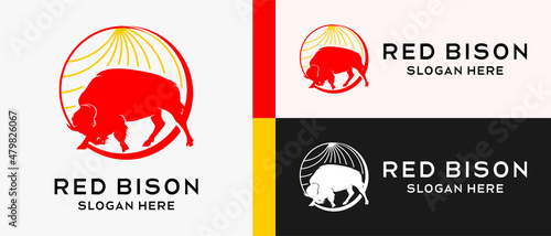 bison logo design template with red color silhouette in circle. premium vector