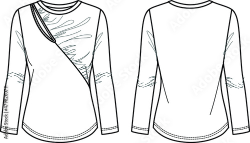 Vector round neck long sleeved top fashion CAD, woman winter t shirt technical drawing, top with frill and cut-out detail flat, template, sketch. Jersey blouse with front, back view, white color