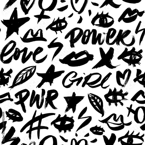 Vector seamless pattern with feminine icons. Hand-lettering phrase - girl power, love. Abstract background for feminist movement. Stars, heart, eyes, lips doodles. Modern stylish texture.