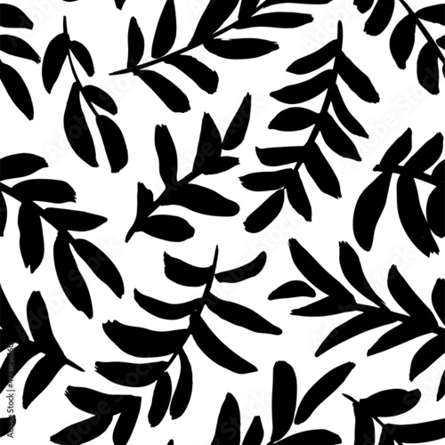 Black leaves and branches vector seamless pattern. Silhouette leaves and twigs. Branch modern texture. Foliage ornament. Hand drawn eucalyptus, laurel, olive twig. Abstract black ink plant motif