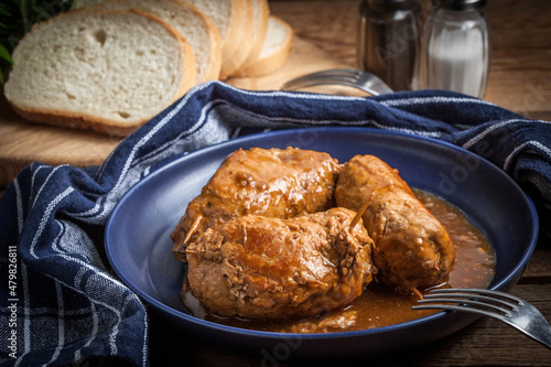 Tasty roulades beef on plate.