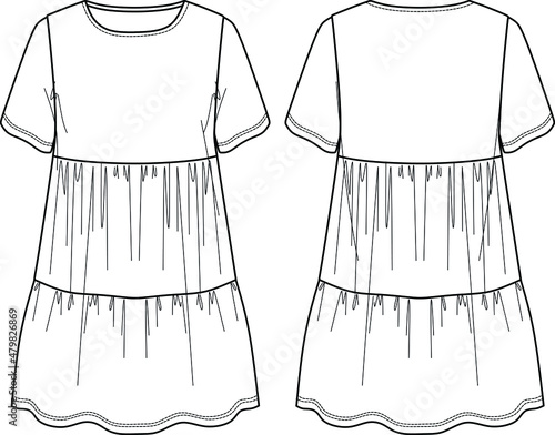 Voluminous mini dress, trendy dress with frills vector sketch, round neck dress fashion CAD, technical drawing, flat, mock up, template. Jersey or woven fabric dress with front, back view, white color