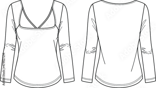 Vector square neck long sleeved top fashion CAD, woman winter t shirt technical drawing, top with cut-out detail flat, template, sketch, mock up. Jersey blouse with front, back view, white color