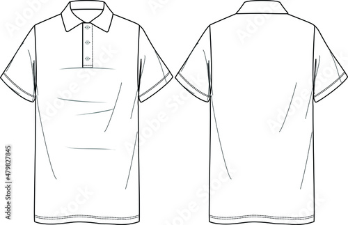 Vector fashion CAD mini t-shirt dress, women short sleeved boxy shape dress with buttons sketch,  women polo neck top technical drawing, sketch, flat. Jersey dress with front, back view, white color