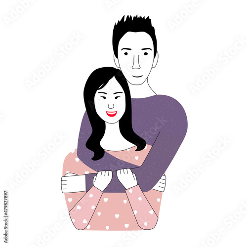 Happy loving couple vector illustration. Hugging man and woman. Romantic relationship concept. Valentine's day greeting card.  Portrait of people in love. Dating boy and girl.