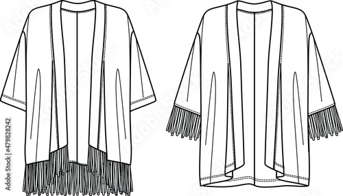 Vector long sleeved jacket with tassel trim fashion CAD, summer woman kimono with fringe technical drawing, template, flat, sketch. Jersey or woven fabric kimono with front, back view, white color photo