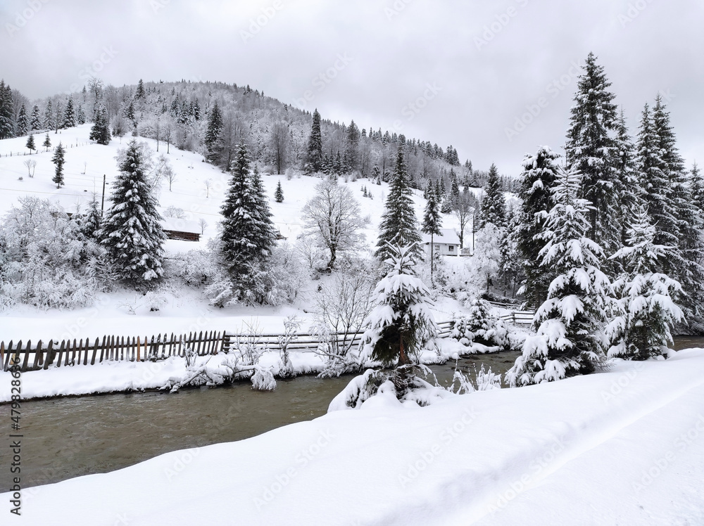 winter landscape. mountain river. village in winter in the mountains
