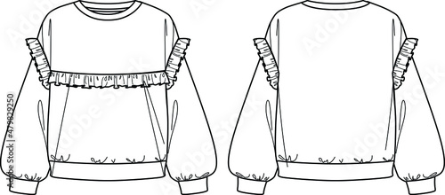 Photographie Vector long sleeved oversized top fashion CAD, woman boxy shape round neck with frill details sweatshirt technical drawing, template, mock up, flat