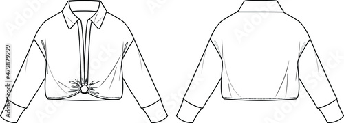 Vector long sleeved T-Shirt with buttons fashion CAD, woman crop shirt with collar technical drawing, sketch, template, flat, mock-up. Jersey or woven fabric top with front, back view, white color