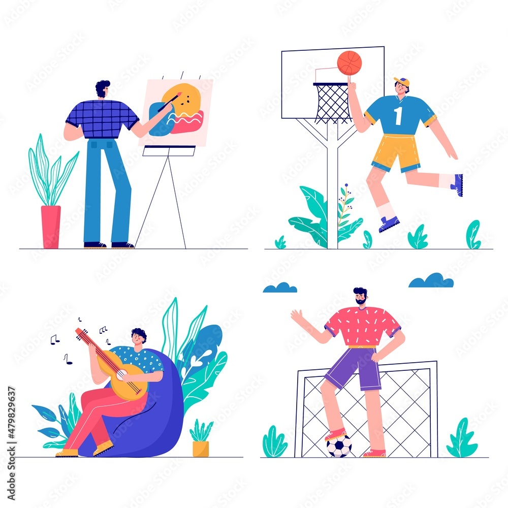 Set of people enjoying their hobbies, work, leisure. Men playing football, basketball, learning gitar, drawing. Designer and artist at work and musician. Vector illustration in flat cartoon style. Set of people enjoying their hobbies, work, leisure. Men playing football, basketball, learning gitar, drawing. Designer and artist at work and musician. Vector illustration in flat cartoon style.