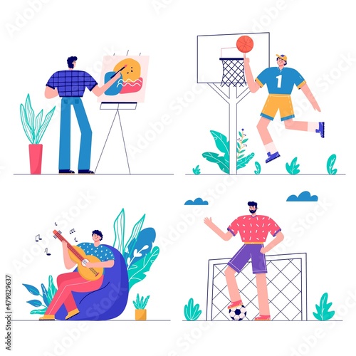 Set of people enjoying their hobbies, work, leisure. Men playing football, basketball, learning gitar, drawing. Designer and artist at work and musician. Vector illustration in flat cartoon style.