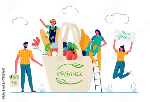 Family carrying eco natural bags with purchases. Concept Caring for the environment, Zero waste, vegetarianism,. ecological grocery shopping, reusable friendly shopper basket with vegetables and fruit