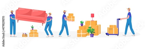 Worker moves new office, home, house. People moving and collect supplies in boxes. Persone cartoon characters packing landing page. unpacking concept, delivery, relocation, move box