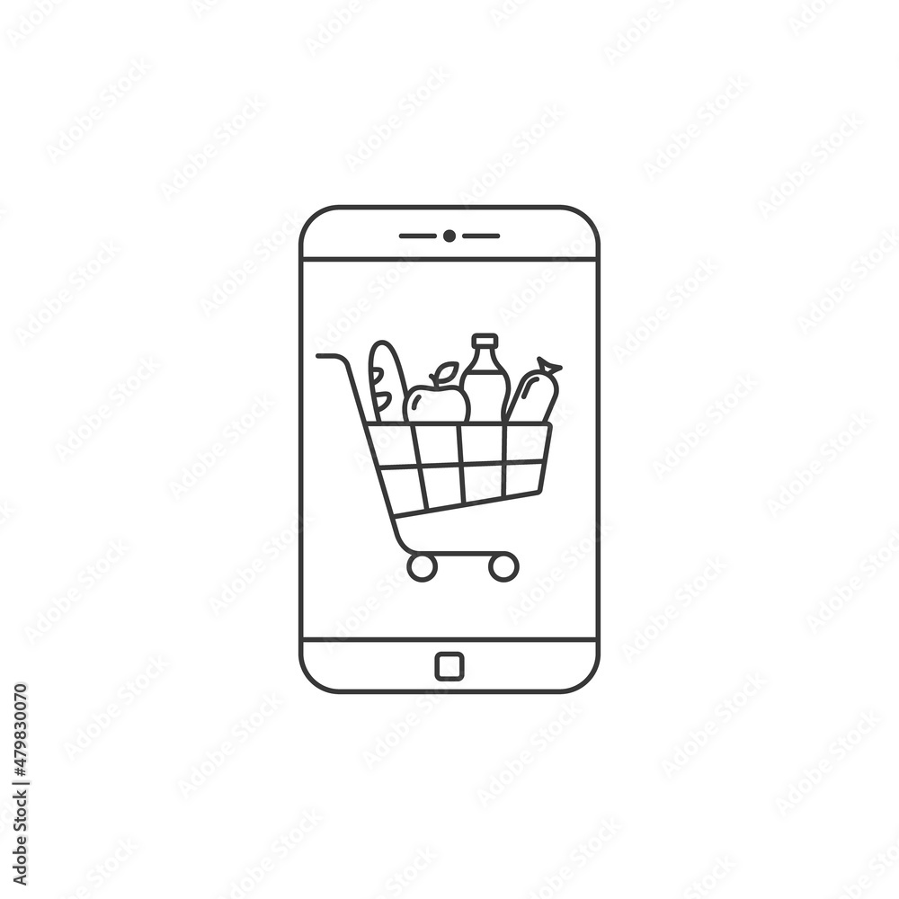 Smartphone with grocery push cart on the screen, food delivery app. Buying groceries online. Vector illustration Smartphone with grocery push cart on the screen, food delivery app. Buying groceries online. Vector illustration