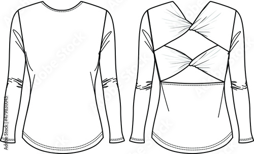 Vector round neck long sleeved top fashion CAD, woman winter t shirt with knot technical drawing, top with cut-out detail flat, template, sketch. Jersey blouse with front, back view, white color