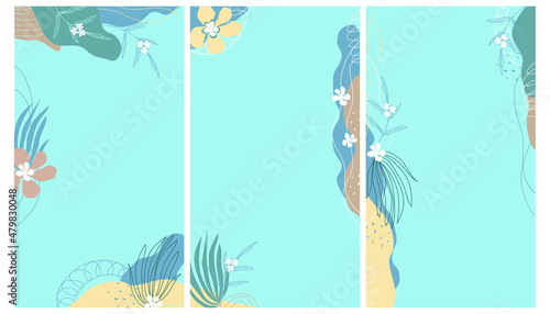 Set of editable blue backgrounds wist flowers for social media stories. Vector pattern. Template for networks photo