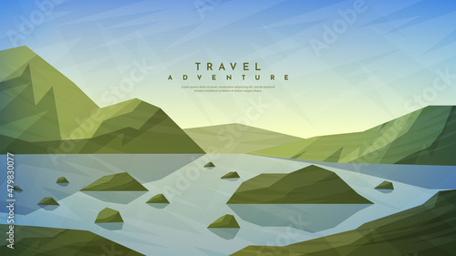 Vector illustration. Polygonal minimalist polygonal design. Nature landscape background. Panoramic view. Design element for web banner, website template. Cartoon flat style. Green hills near water