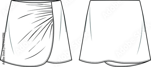 Vector mini skirt fashion CAD, wrapped woman skirt with frill detail sketch, template, flat, technical drawing. Jersey or woven fabric skirt with front, back view, white color