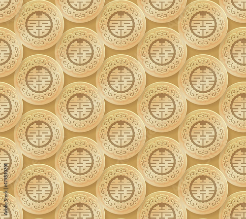 Seamless pattern of Chinese gold coins with traditional prosperity symbol on golden background. Vector 3d illustration