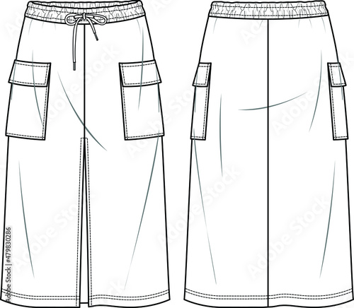 Vector jogger for woman technical drawing, woman pants with waistband and pockets detail fashion, template, sketch, flat. Woman trousers with front, back view, white color