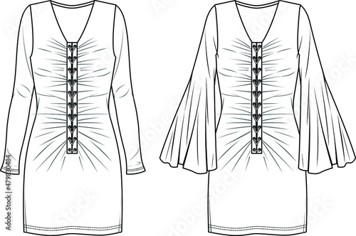 Vector woman winter dress with gathered front and long sleeves fashion CAD, dress with eyelets technical drawing, template, flat, sketch.Jersey or woven fabric dress with front, back view, white color
