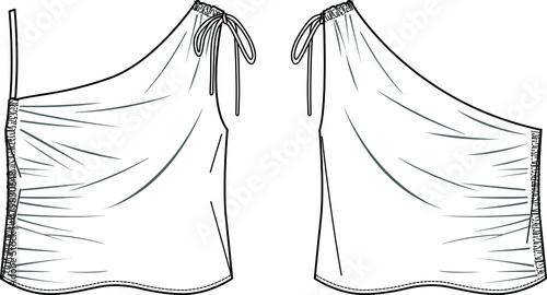 Vector asymmetric strapless top technical drawing, women crop blouse with gathering and bow fashion CAD, template, sketch, flat. Jersey fabric t shirt with front, back view, white color