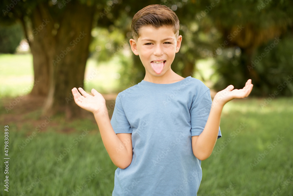 beautiful Caucasian little kid boy wearing blue T-shirt standing outdoors celebrating crazy and amazed for success with arms raised and open eyes screaming excited. Winner concept beautiful Caucasian little kid boy wearing blue T-shirt standing outdoors celebrating crazy and amazed for success with arms raised and open eyes screaming excited. Winner concept