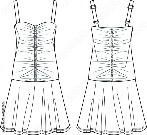 Slika na platnu Vector woman summer dress with gathering and shoulder stripes fashion CAD, strapless dress technical drawing, template, flat, sketch