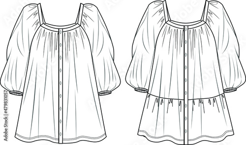 Vector short sleeve mini dress technical drawing, woman tired dress with square-neck and balloon sleeve fashion CAD, sketch, template, flat. Jersey or woven fabric dress with front,back view, white