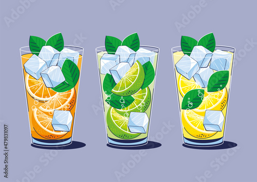 Set of citrus cold drinks iced. Orange, lemon, lime cocktails with ice and mint in a glass. Summer refreshment, lemonade, fruit water. Vector illustration, simbol, icon, design element for menu