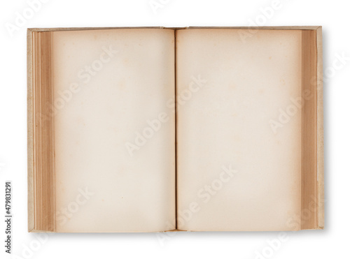 Ancient open book with two blank pages. Clipping path on book