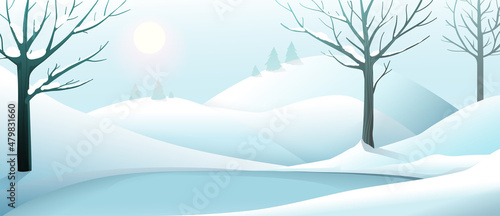 Happy holiday Christmas banner, winter empty and clean snow, calm and quiet desert landscape with trees. Snow scene for Christmas winter greeting cards. Vector landscape design in watercolor style.