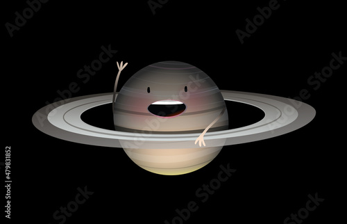 Planet baby Saturn cute emoji, astronomy character design for kids. Cheerful planet Saturn character cartoon for children. Outer space solar system element vector illustration.
